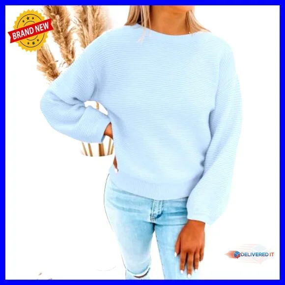 Ribbed Knit Pullover Sweater Oversized Lantern Sleeves Chic Casual Tops - Picture 3 of 7